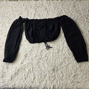 Eight Paris Black Swiss Dot Off Should Crop Top, Size Small